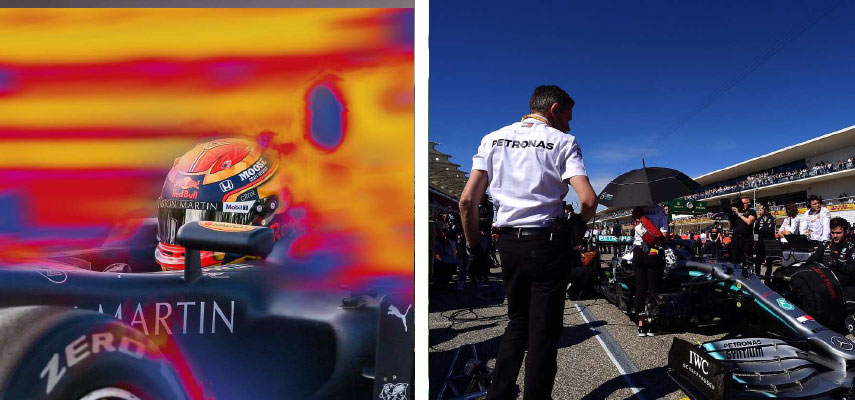 split picture - one being an f1 racing car and the other a racing team and car in the pits