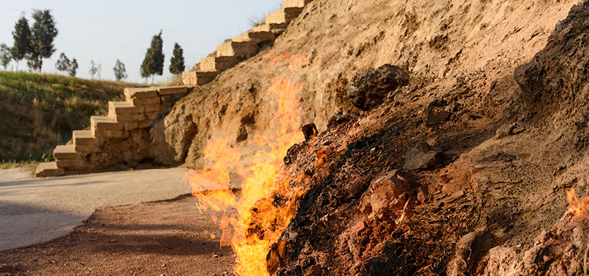 Yanar Dag is a natural gas fire which blazes continuously on a hillside on the Absheron Peninsula on the Caspian Sea near Baku