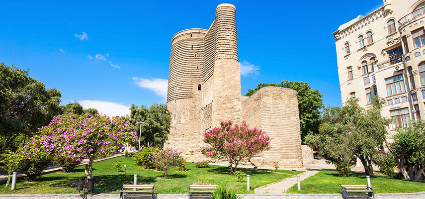 The Maiden Tower built in the 12th century also known as Giz Galasi, located in the Old City in Baku, Azerbaijan.