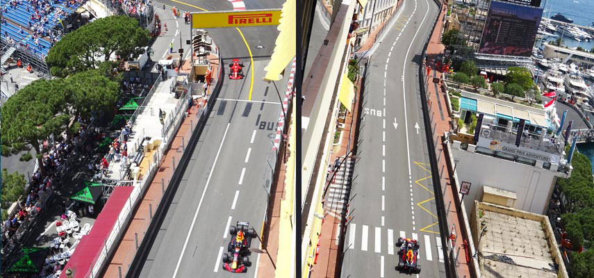 2 views of the race from a balcony