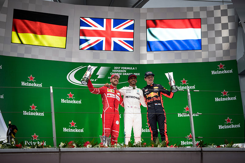 lewis, max and vettel on the podium at the chinese gp