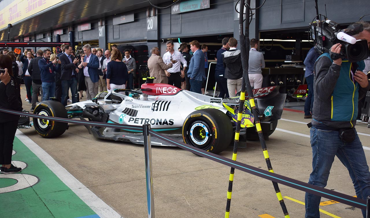 view of a mercedes f1 car from the back