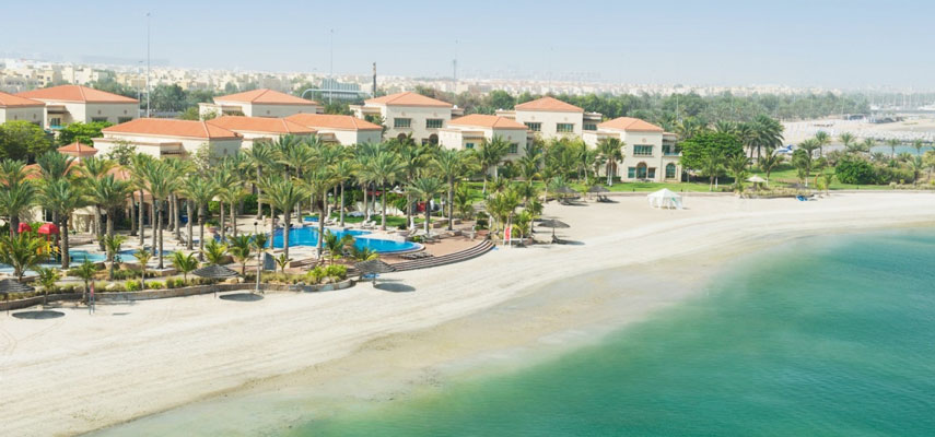 view of the hotel from the air with palm trees, the sea and the beach