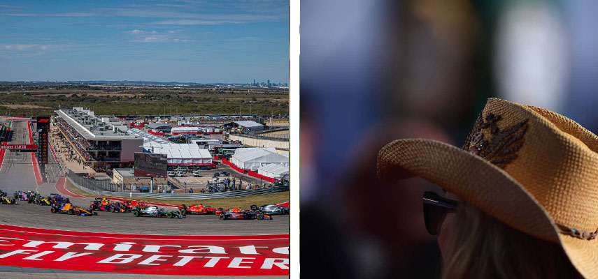split picture - one being a lady in a cowboy hat and the other the austin gp track