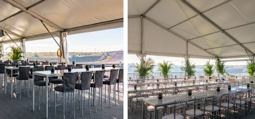 2 pictures in one, both being viewing areas for the grand prix with seats and tables