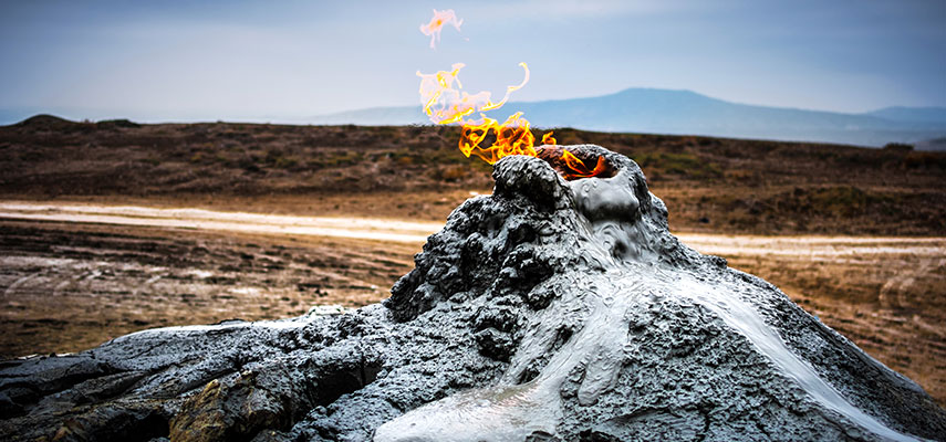 Burning gas in the mud volcanoes of Gobustan, Azerbaijan