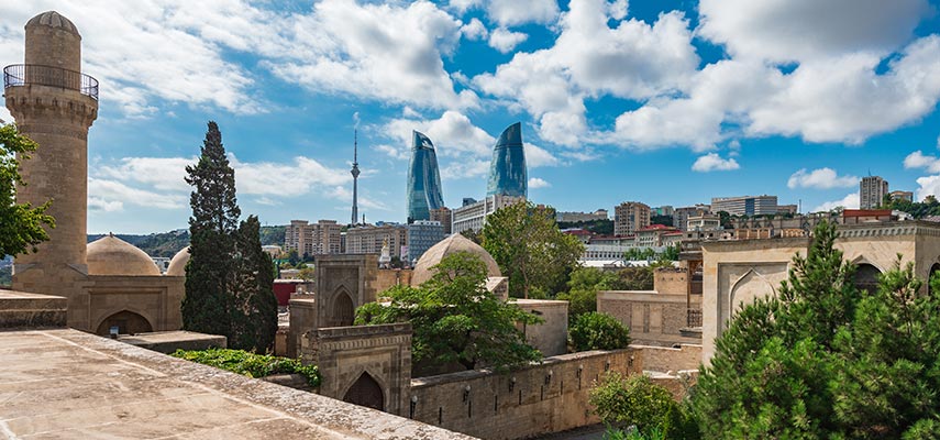 view over the old city of Baku towards the flame towers