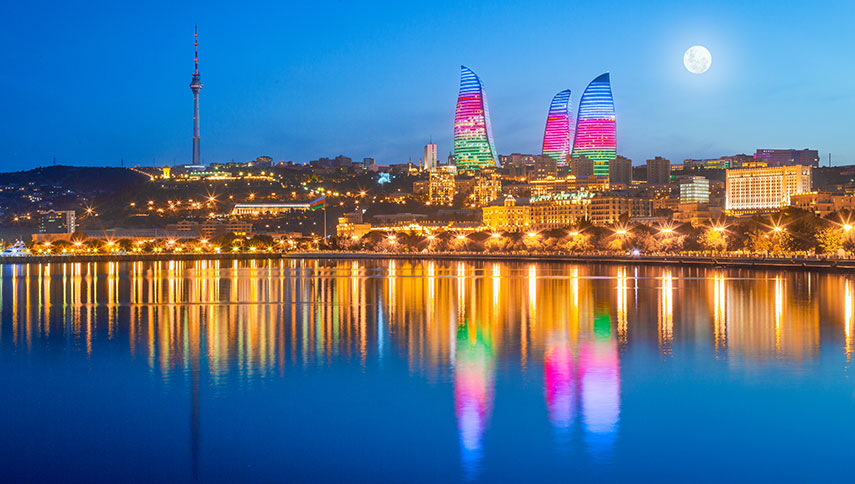 over looking the water onto baku city and the flame towers