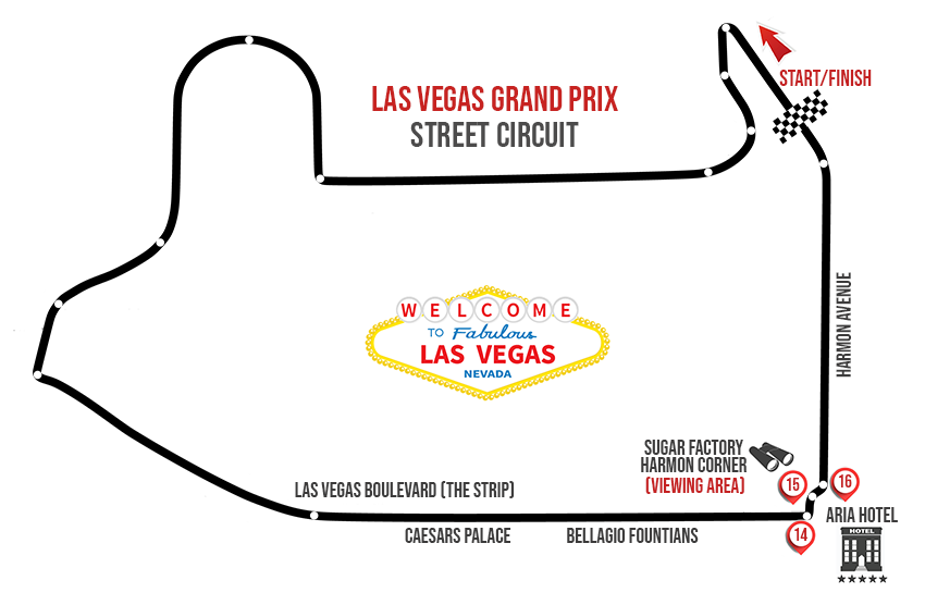 las vegas street circuit map with turns 14, 15 and 16 highlighted