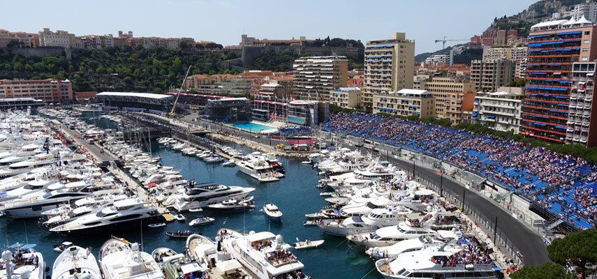 monaco harbour and the GP grandstand with many spectators
