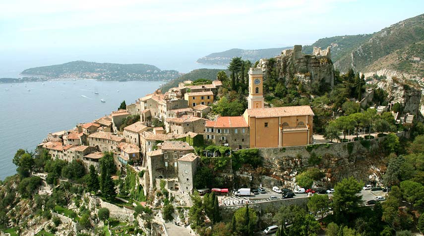 eza village from above and the med sea in the background
