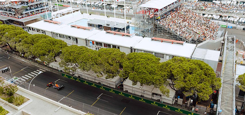 view of a f1 car from the shangri la balcony