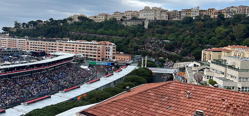 view over tiles at the castle in the distance and race track of monaco