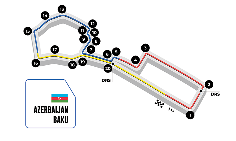 diagram of the baku gp race track showing numbered corners