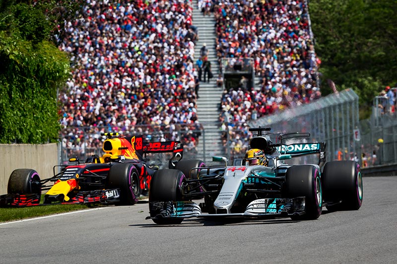 mercedes and red bull racing cars competing at the canadian grand prix