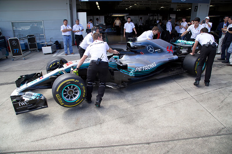 mercedes f1 car in the pits