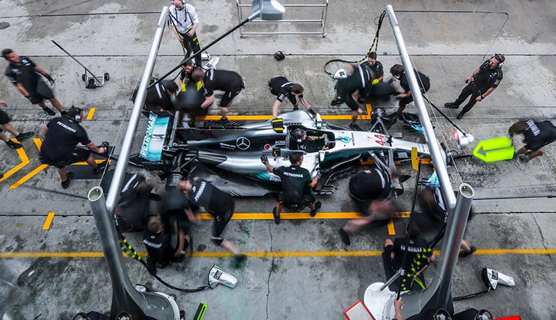 mercedes f1 car in the pits, view from above