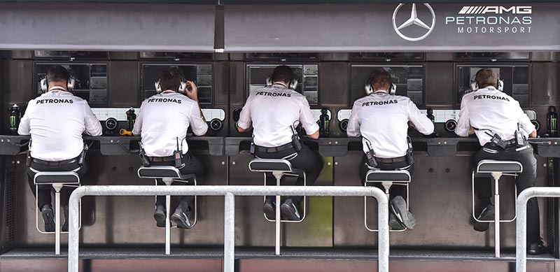 mercedes team sitting down from the back