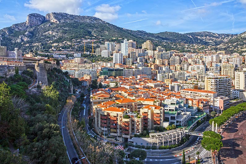 view from up high in le rocher, looking down onto Monaco town
