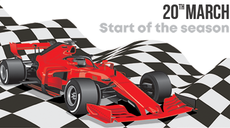 f1 car and chequered flag with 20th March start of the season message