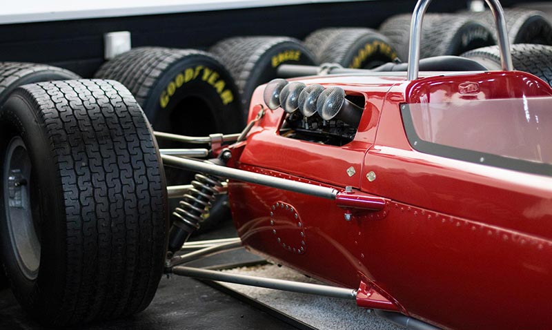 side part showing exhausts of a vintage f1 car