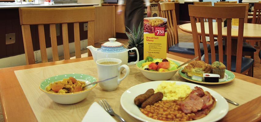 full breakfast set up on a table