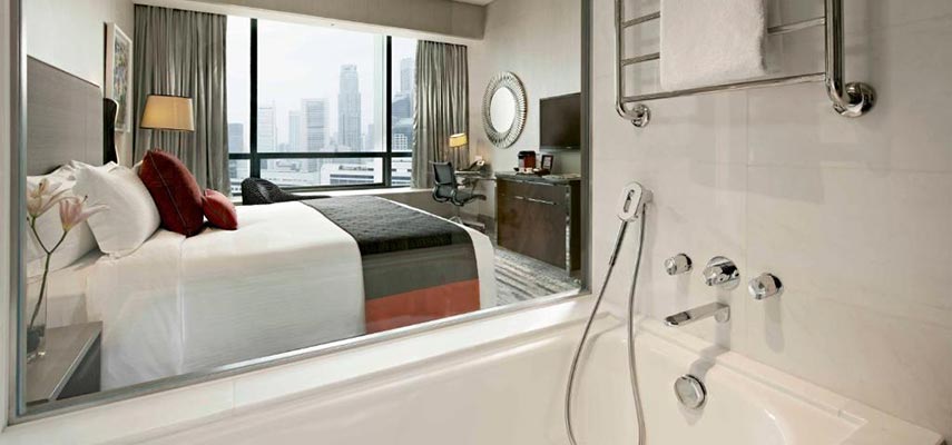 shower and bath with views of the bedroom