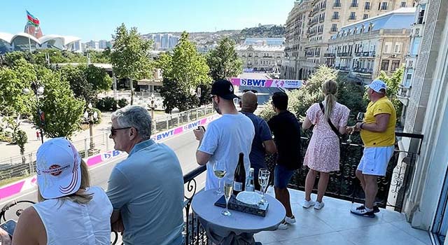 Formula One guests on the balcony watching the grand prix in Baku