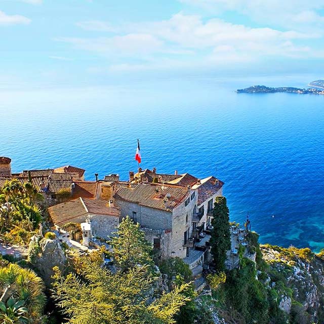 Eze village with a view of the Château Eza hotel and views of the sea