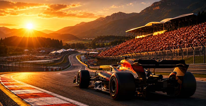 austrian gp - red bull f1 car racing into the sunset