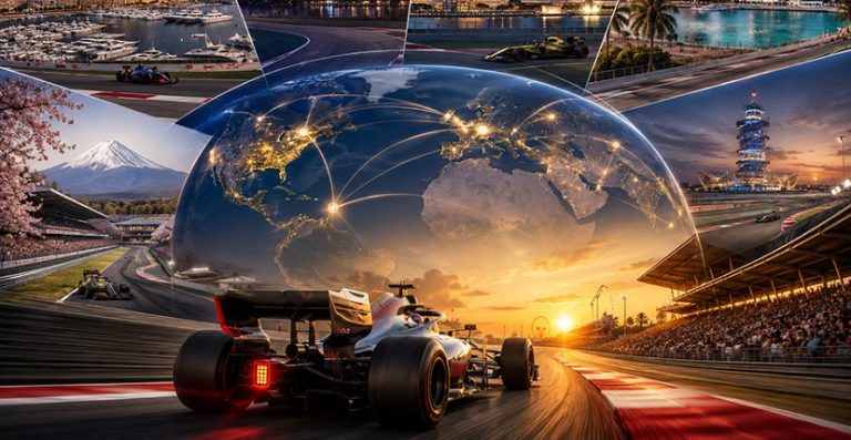various scenes from around the world connected to f1, with f1 car in foreground