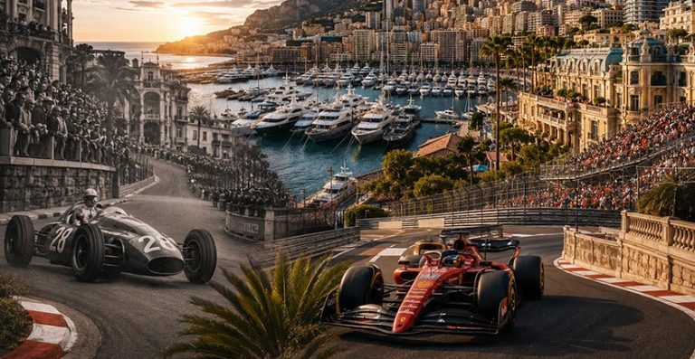 monaco grand prix banner with vintage and new car in sight