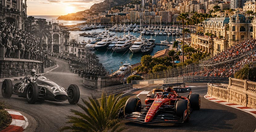 monaco grand prix banner with vintage and new car in sight