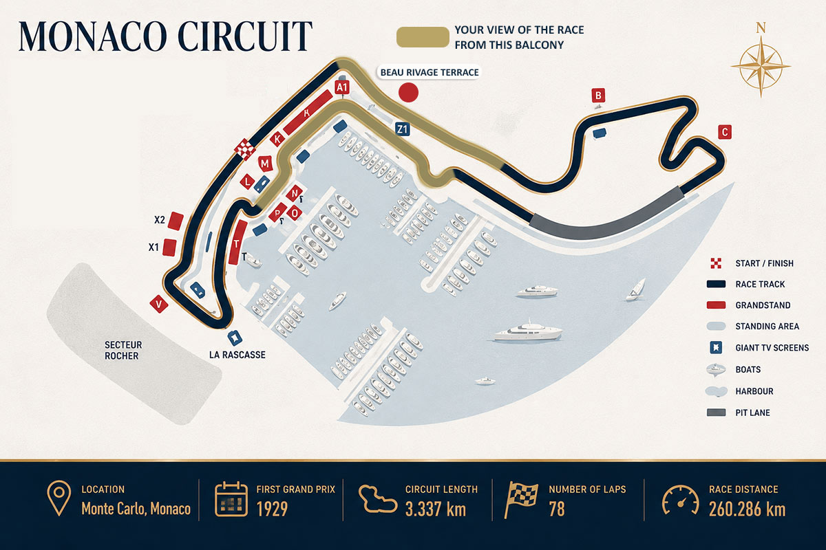 Monaco Grand Prix Circuit Map showing the Beau Rivage Terrace hospitality location