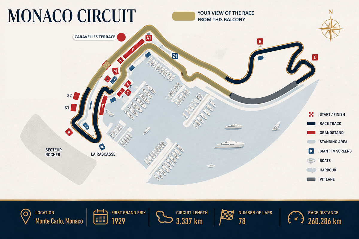 Monaco Grand Prix circuit map showing the Caravelles Terrace location
