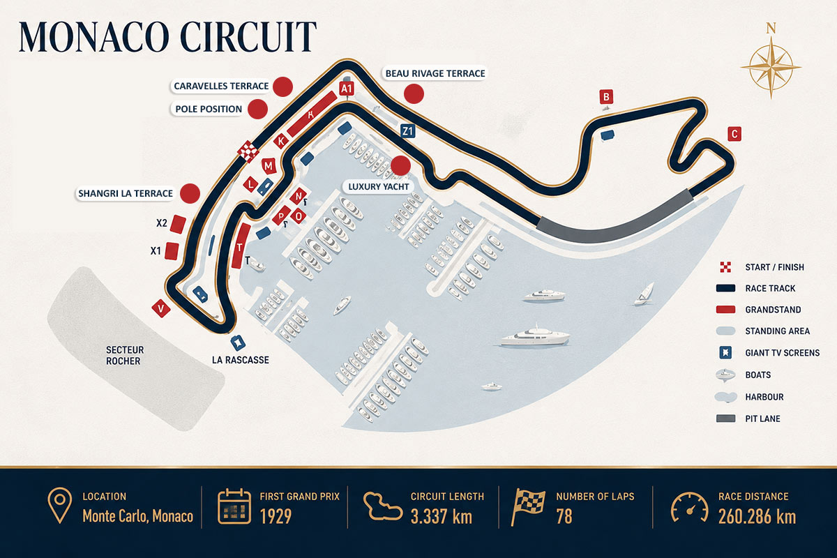 detailed circuit map of the F1 track in Monaco with viewing areas