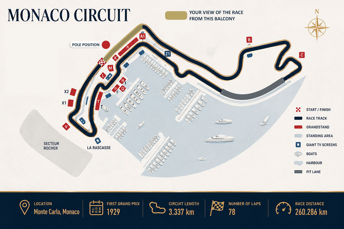 Monaco Grand Prix circuit map showing pole position, grandstands and harbour