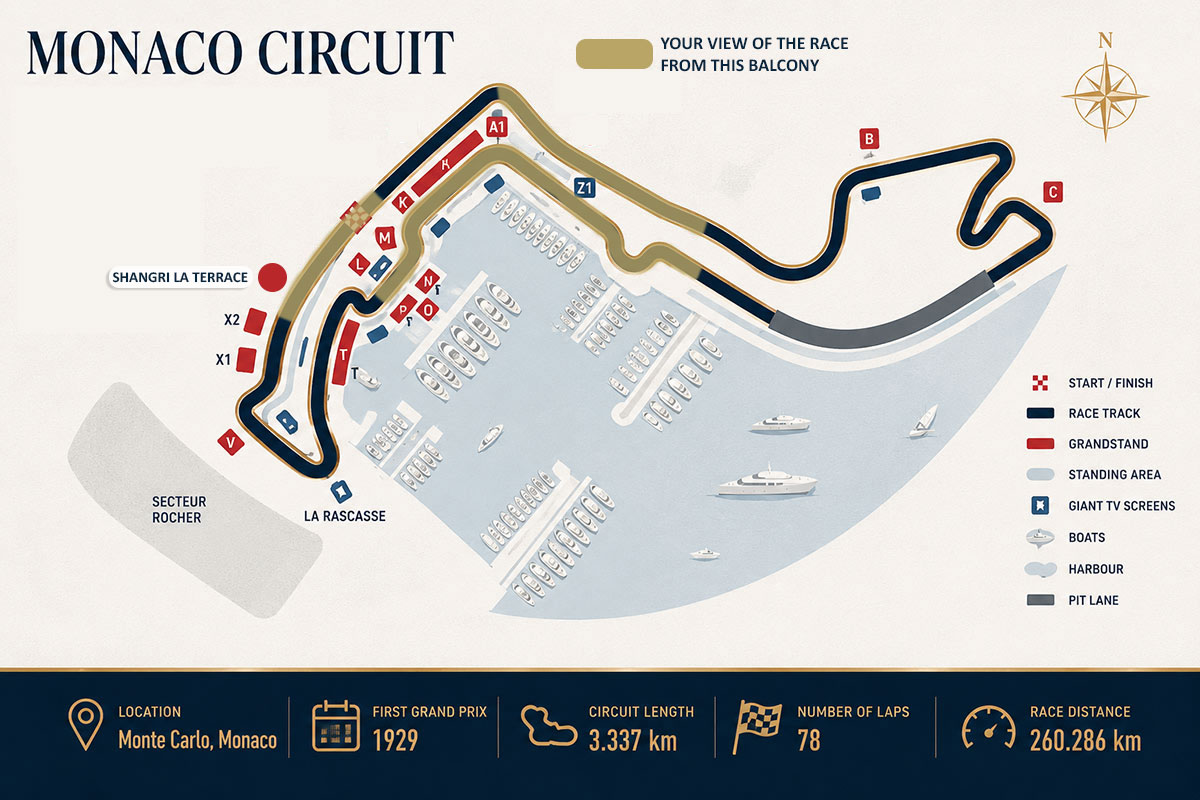 Monaco Grand Prix circuit map showing the Shangri La Terrace location