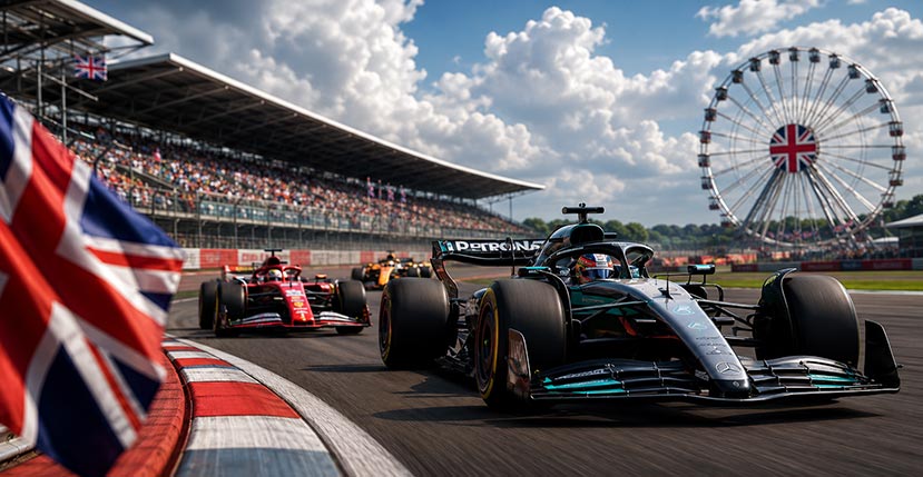 f1 cars racing at silverstone, british flag in the foreground