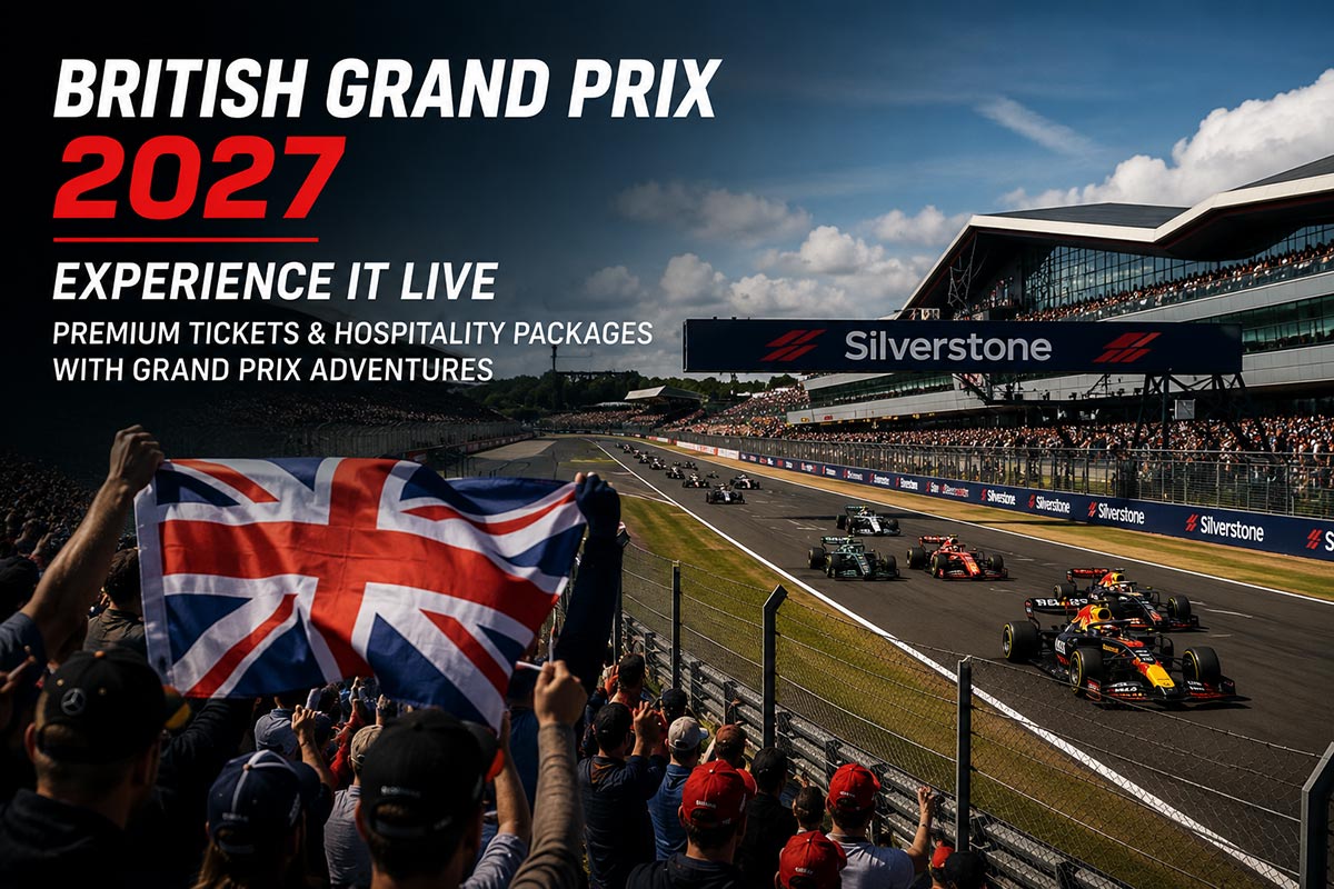 silverstone f1 race banner for 2027 - british flag in the foreground