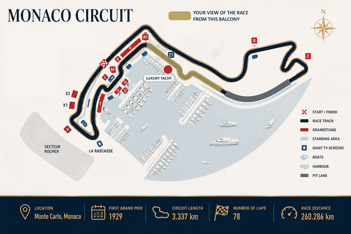 Monaco Grand Prix circuit map showing the Luxury Yacht viewing location