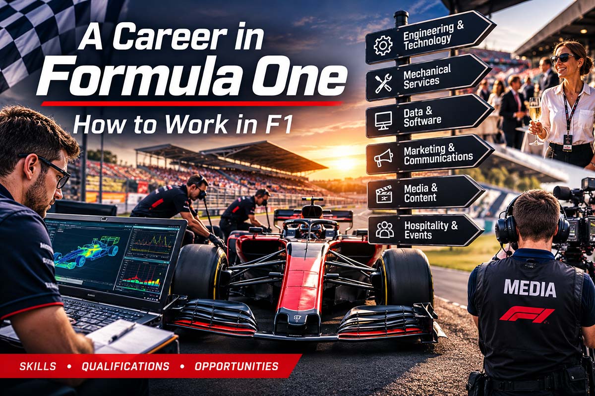 A career in Formula One showing F1 engineers, mechanics and race team personnel
