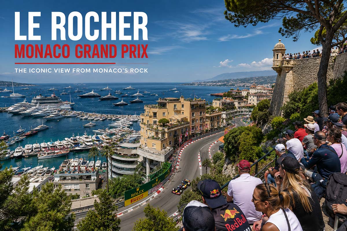 Le Rocher Monaco Grand Prix viewing area overlooking the F1 circuit and Port Hercule