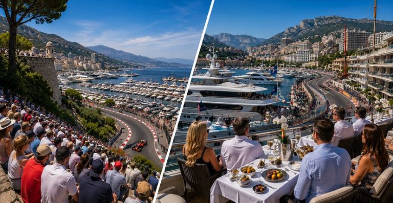 Monaco Grand Prix Le Rocher viewing area compared with luxury balcony and yacht hospitality