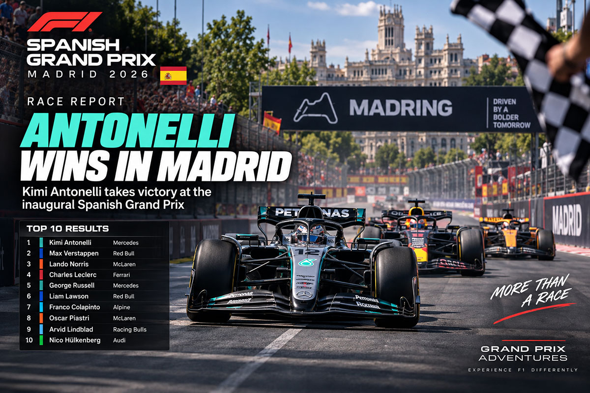 Kimi Antonelli wins the 2026 Spanish Grand Prix at the Madring circuit in Madrid