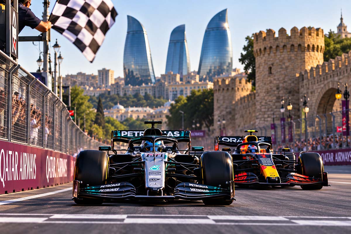 George Russell leads Max Verstappen at the 2026 Azerbaijan Grand Prix in Baku