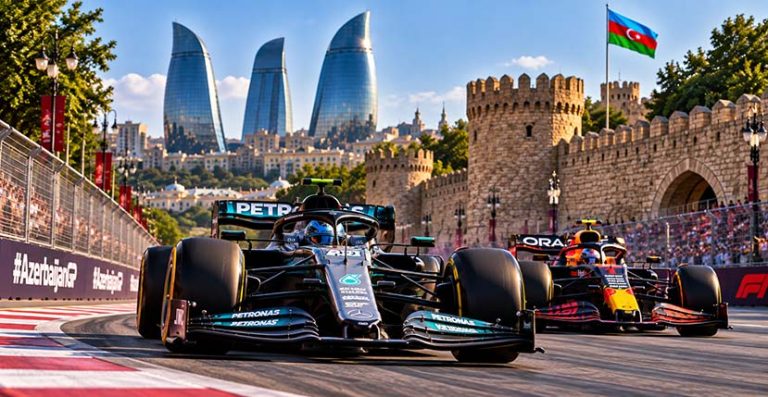 Mercedes leads Red Bull through the Baku City Circuit during the 2026 Azerbaijan Grand Prix
