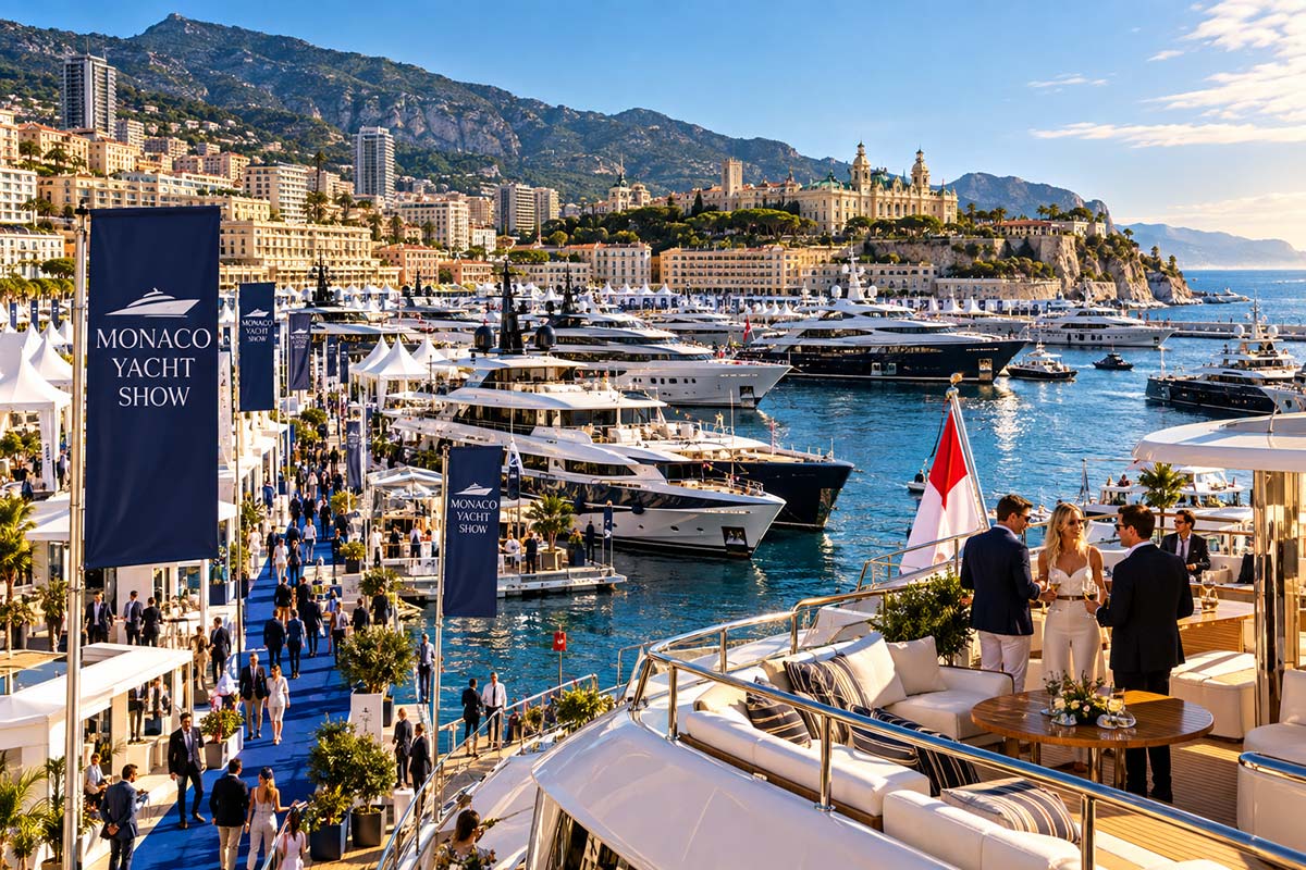 Monaco Yacht Show 2026 superyachts in Port Hercule with Monte Carlo in the background