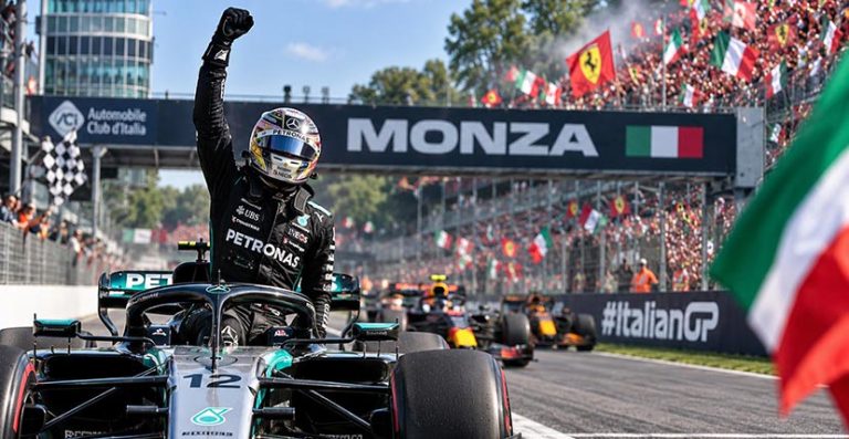 2026 Italian Grand Prix winner Kimi Antonelli celebrates at Monza