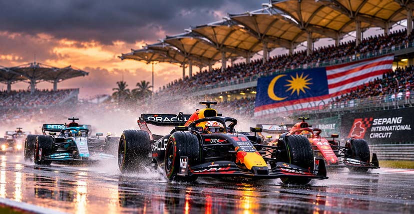 Formula 1 cars racing in wet conditions at the 2026 Bahrain Grand Prix in Malaysia